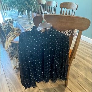 Anne Taylor dressy black , long sleeve blouse with gold metallic accents.